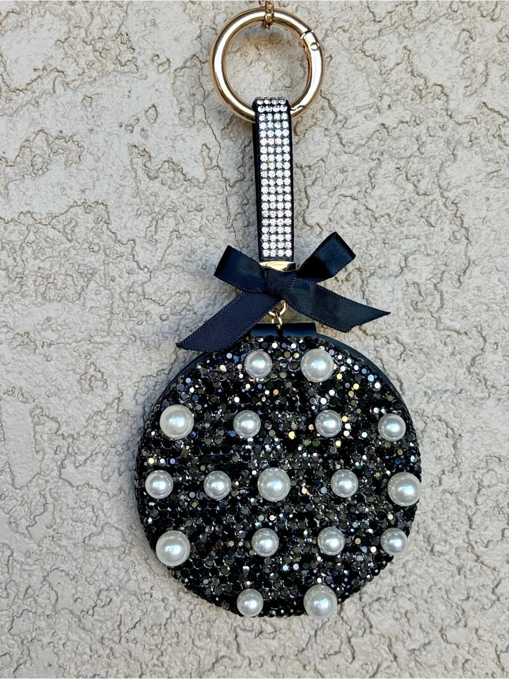 Sparkling Black Rhinestone & Pearl Dual Sided Mirror/Keychain/Bag Charm